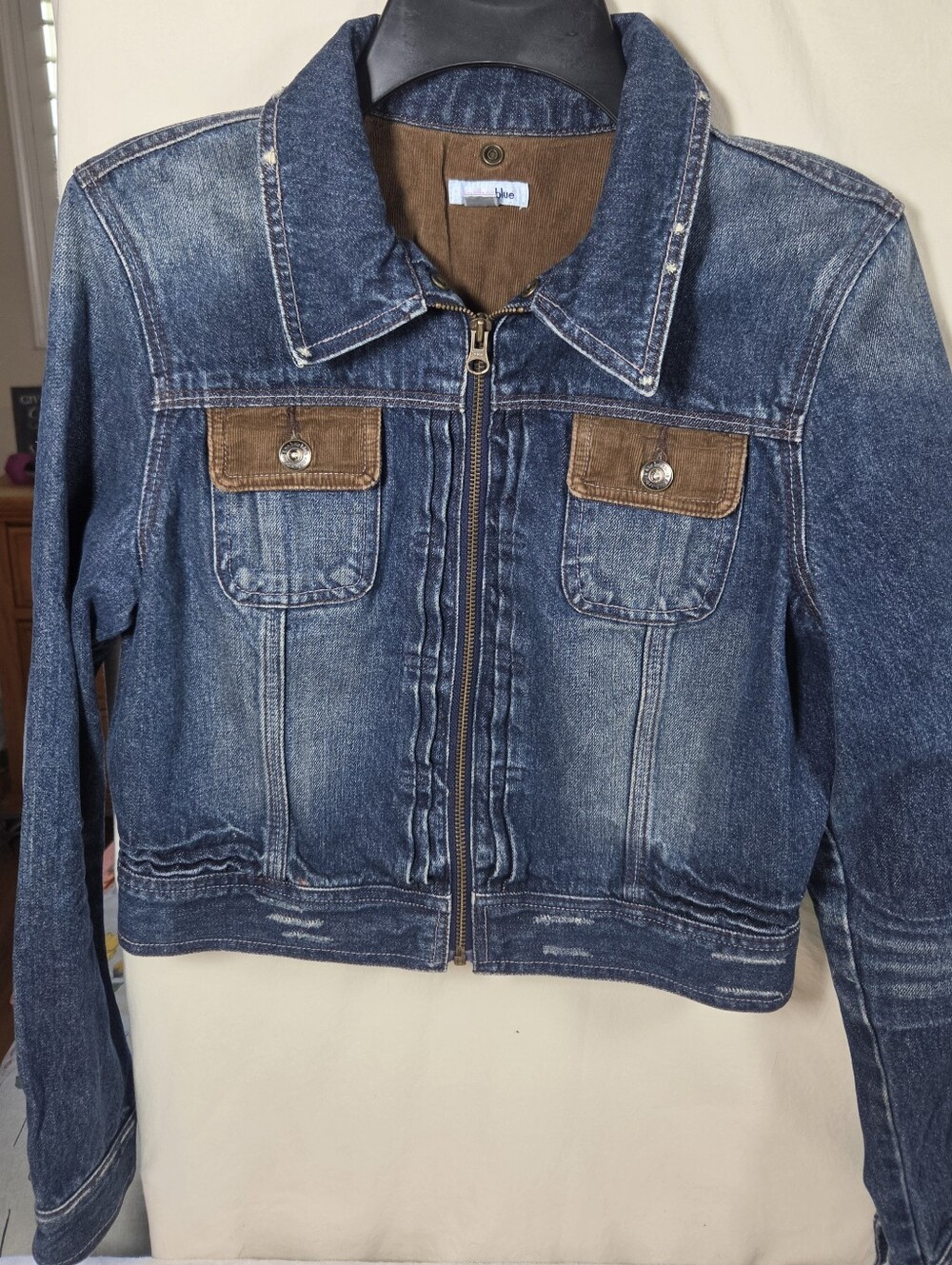Vintage Y2K Anchor Blue Cropped Denim Jacket - Size L Jr. (Corduroy Trim)